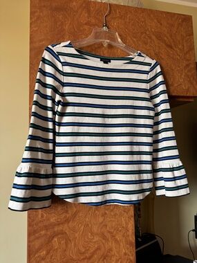 Ann Taylor White Long-Sleeve Top with Navy & Teal Stripes